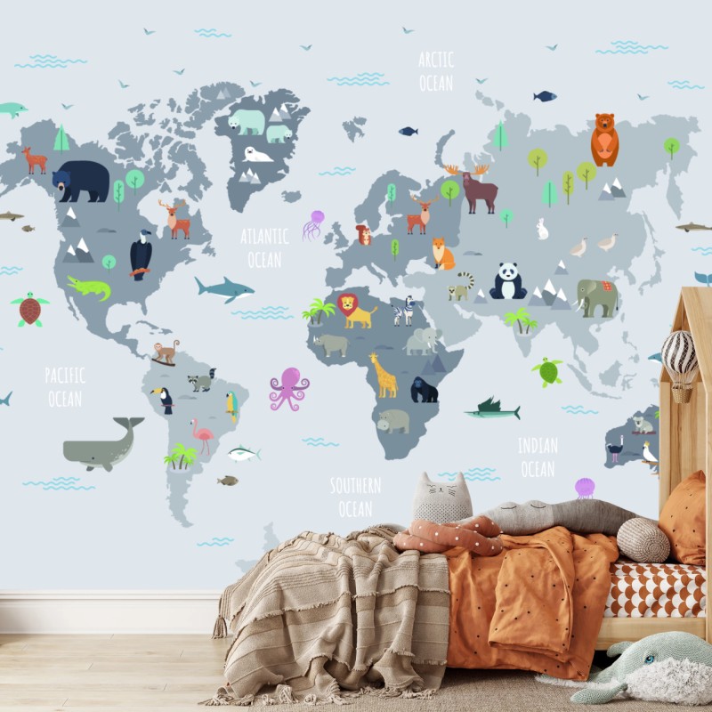 Fototapete pastellfarbene weltkarte mit tieren