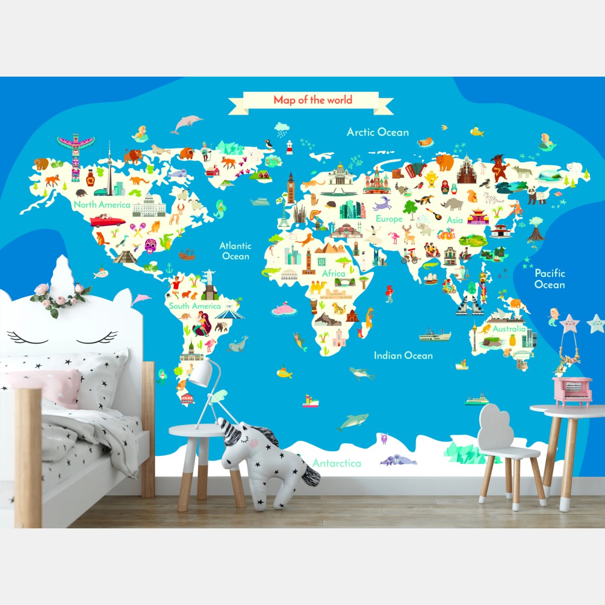 Fototapete bunte illustrierte weltkarte für kinder – Wallnifity®