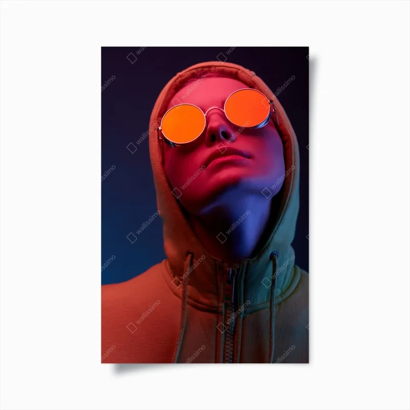 Poster neon-porträt mit runden sonnenbrillen
