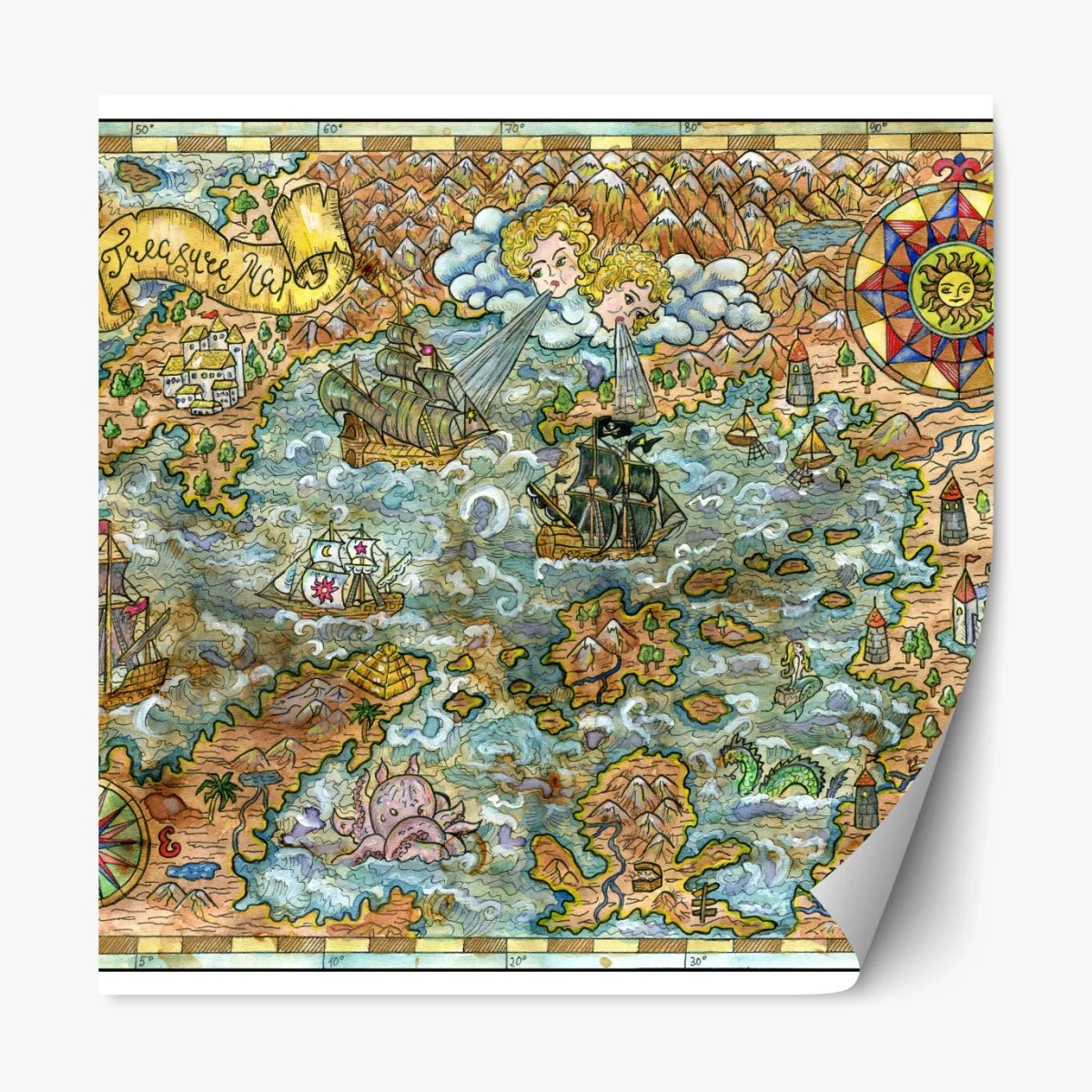 Repositionierbarer Aufkleber verspielte schatzkarte aquarellillustration – Wallnifity® Repositionierbarer Aufkleber verspielte schatzkarte aquarellillustration – Wallnifity®