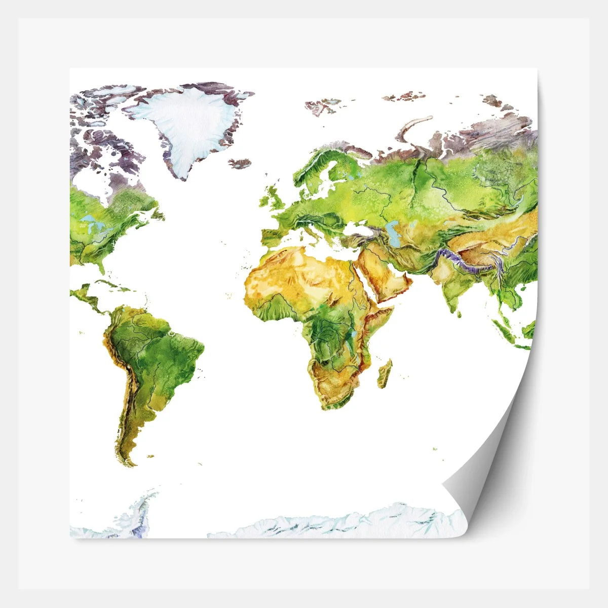 Repositionierbarer Aufkleber aquarell-physische weltkarte – Wallnifity®