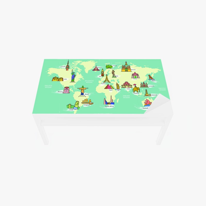 Tischaufkleber und Schreibtischaufkleber bunte illustrierte weltkarte mit sehenswürdigkeiten