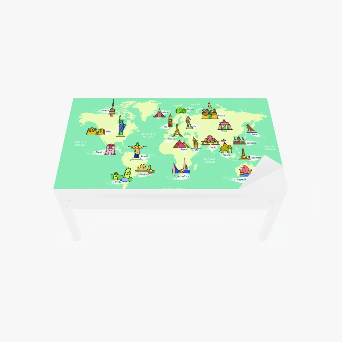 Tischaufkleber und Schreibtischaufkleber bunte illustrierte weltkarte mit sehenswürdigkeiten – Wallnifity®