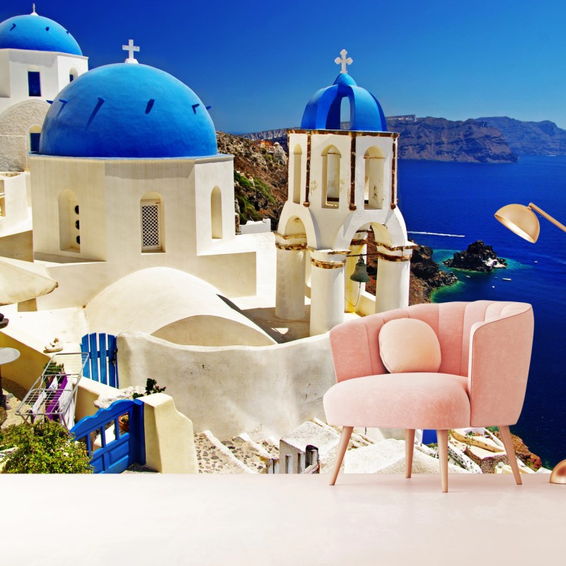 Fototapete Santorini blaue kuppeln meerblick – Wallnifity®