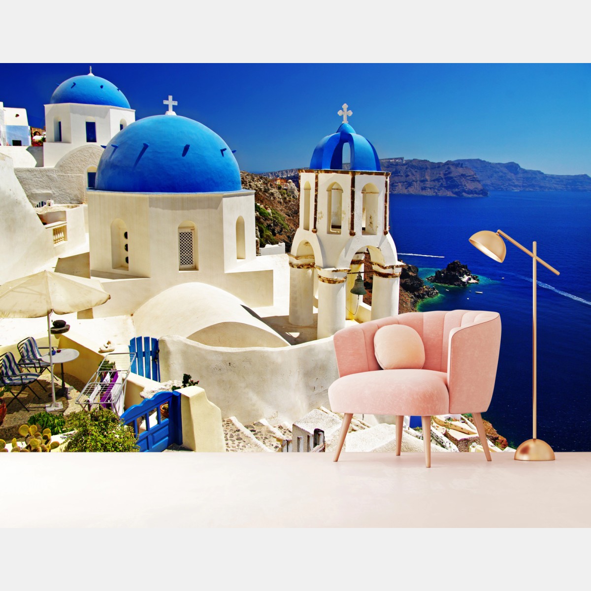 Fototapete Santorini blaue kuppeln meerblick – Wallnifity®