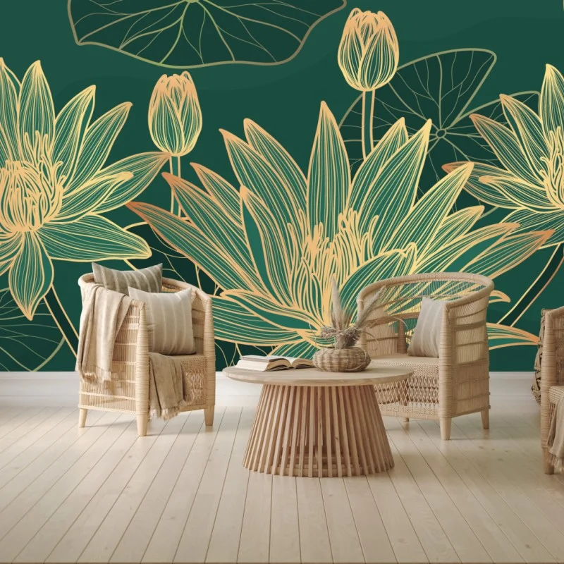 Fototapete goldene lotosblüten auf grünem hintergrund – Wallnifity®