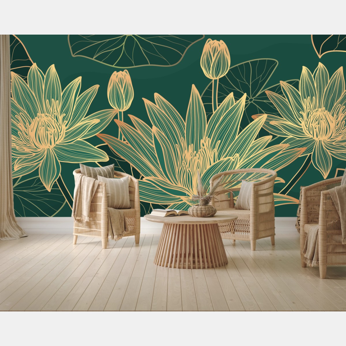 Fototapete goldene lotosblüten auf grünem hintergrund – Wallnifity®