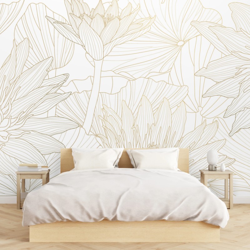 Fototapete zarte goldene blütenlinien – Wallnifity®