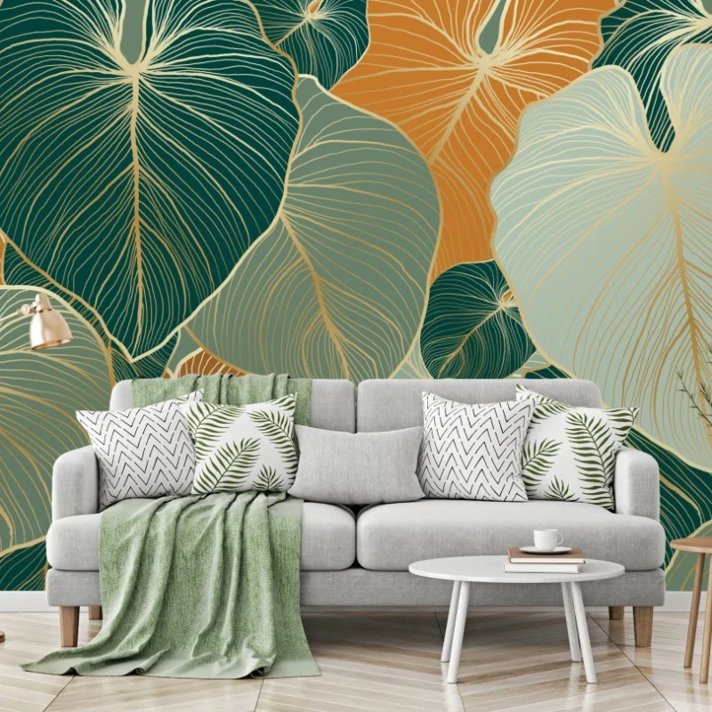 Fototapete türkis-goldenes botanisches blättermuster – Wallnifity®