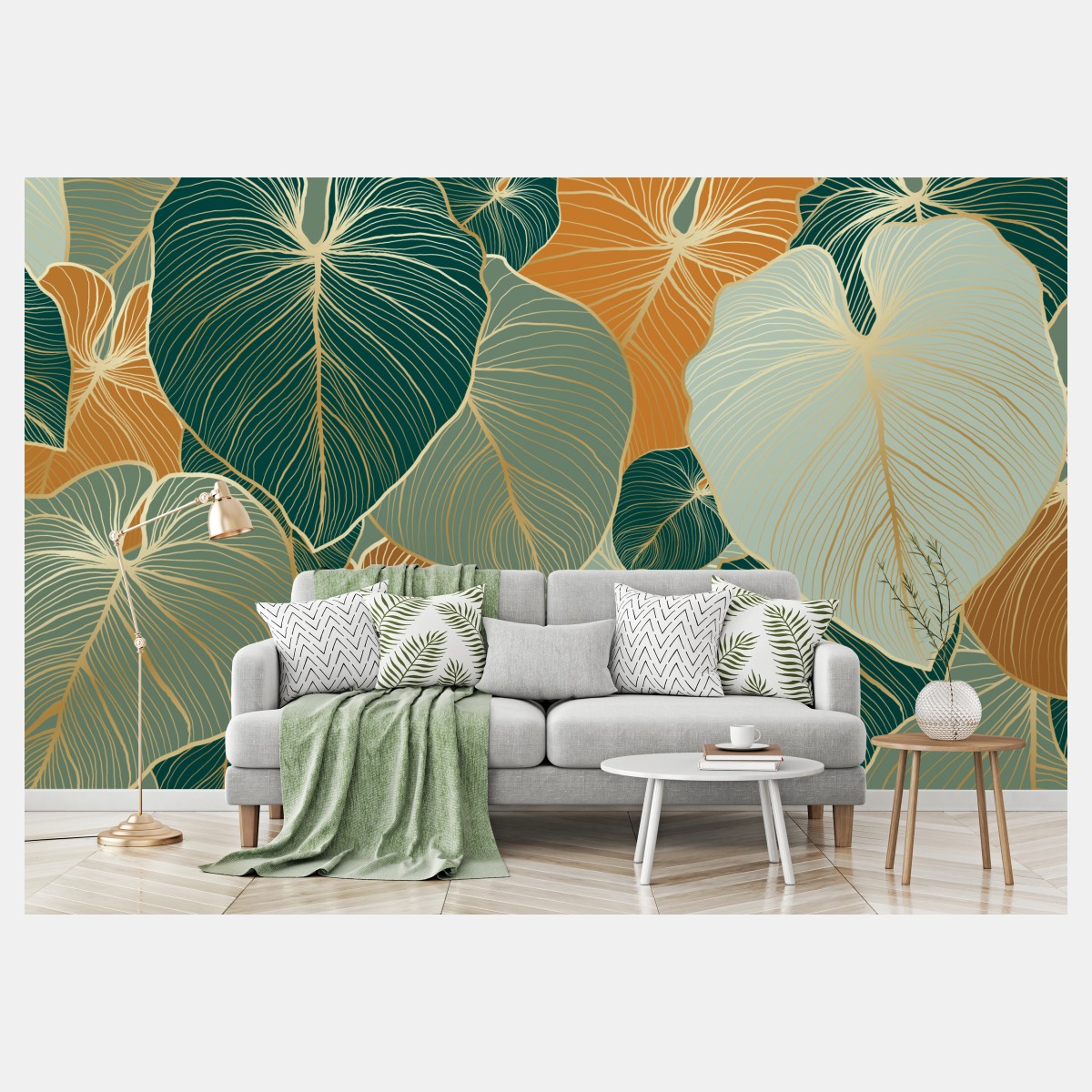 Fototapete türkis-goldenes botanisches blättermuster – Wallnifity®