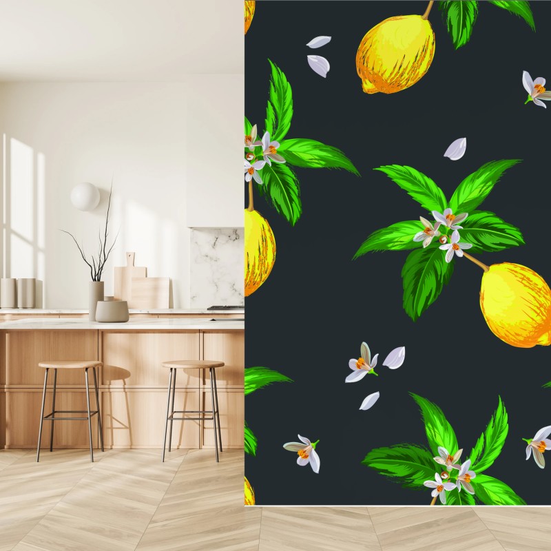 Fototapete leuchtendes zitronenmuster mit grünen blättern – Wallnifity®