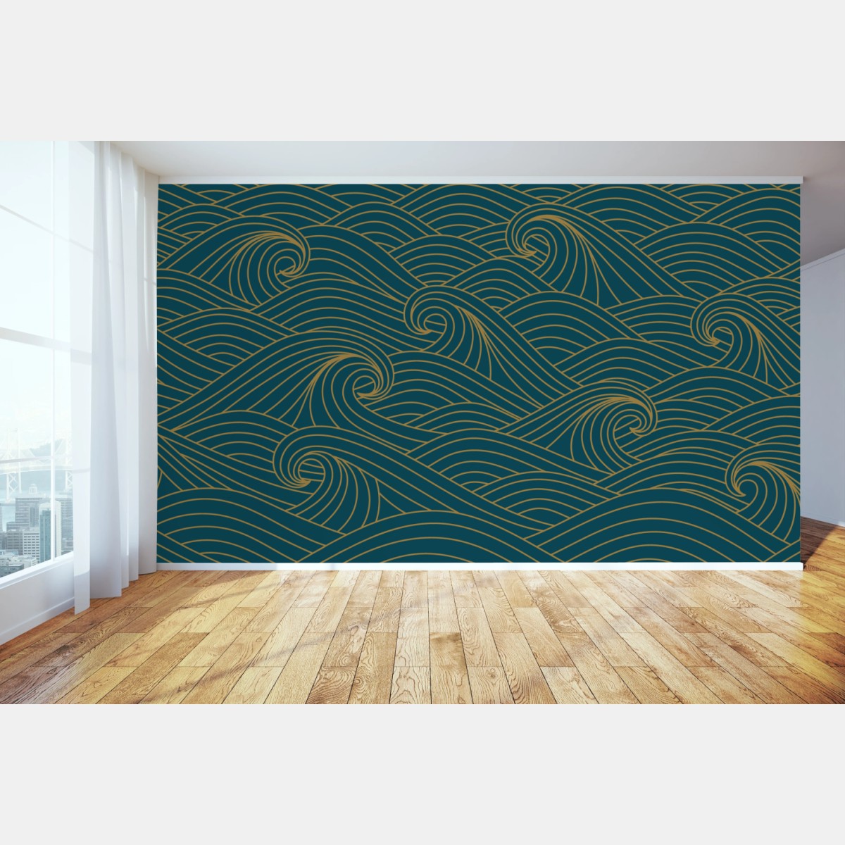 Fototapete türkiswellenmuster mit goldlinien – Wallnifity®