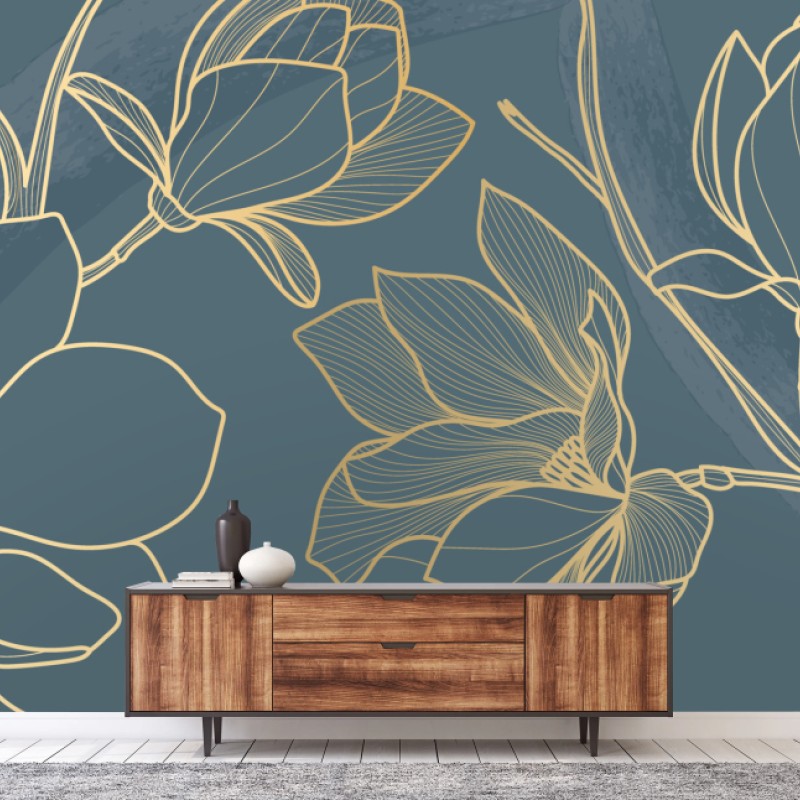 Fototapete goldene magnolie auf türkisfarbenem hintergrund – Wallnifity®