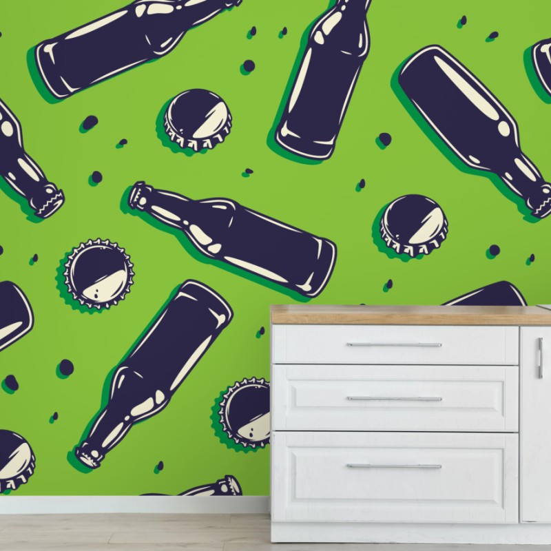 Fototapete grünes pop-art-muster mit bierflaschen und kronkorken – Wallnifity®
