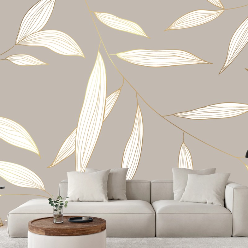 Fototapete zarte goldumrandete blätter auf beigem hintergrund – Wallnifity®