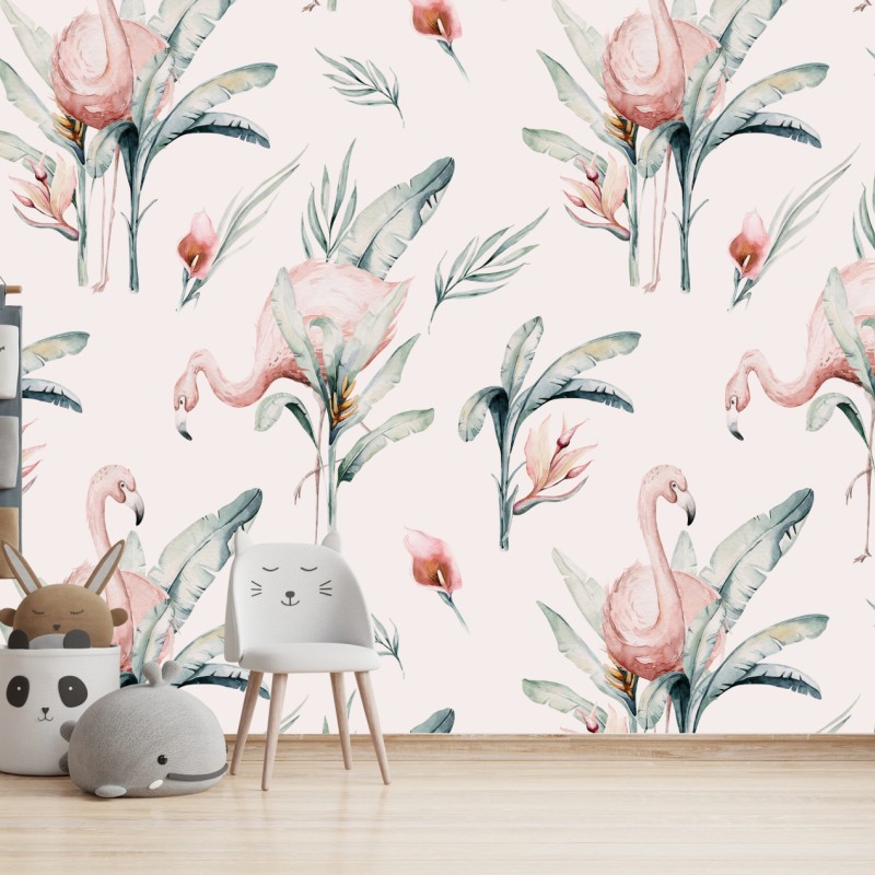 Fototapete aquarell flamingo tropisches muster – Wallnifity®