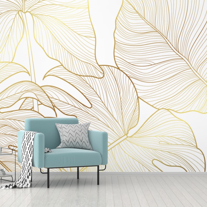 Fototapete goldene botanische blattzeichnung – Wallnifity®