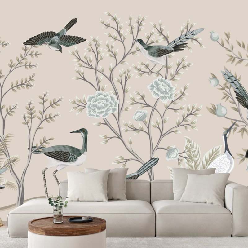 Fototapete elegante vögel und blühende zweige – Wallnifity®