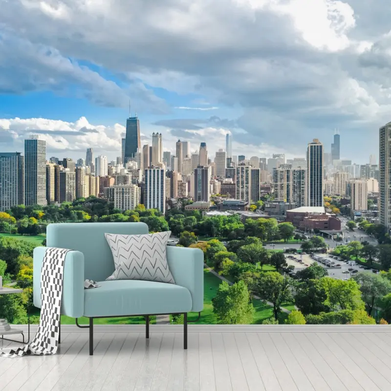 Fototapete stadtpanorama über grünem park – Wallnifity®