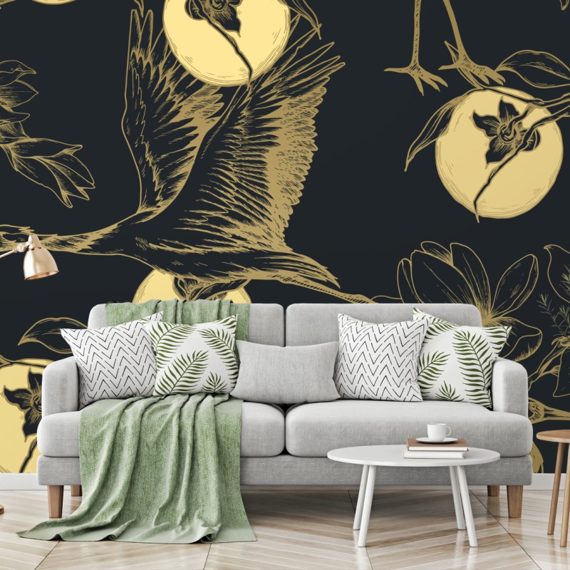 Fototapete goldene kraniche und mondmuster – Wallnifity®
