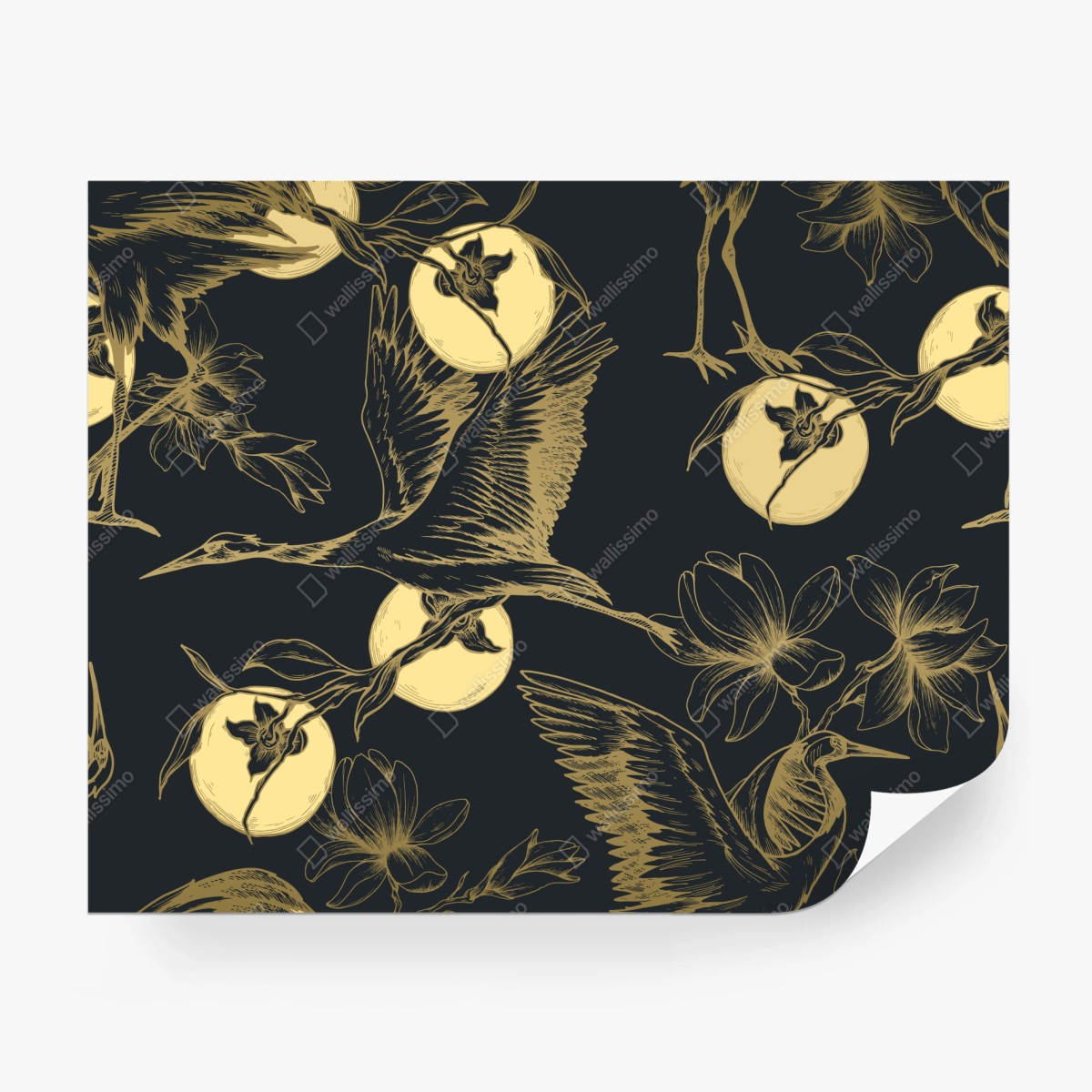 Fototapete goldene kraniche und mondmuster – Wallnifity®