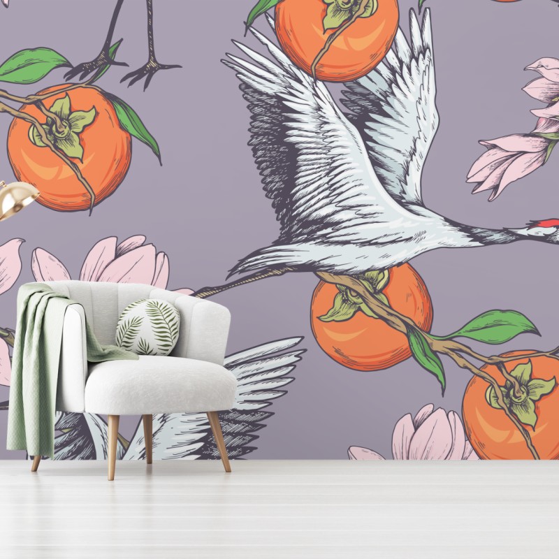 Fototapete anmutige kraniche und kakis mit magnolien – Wallnifity®