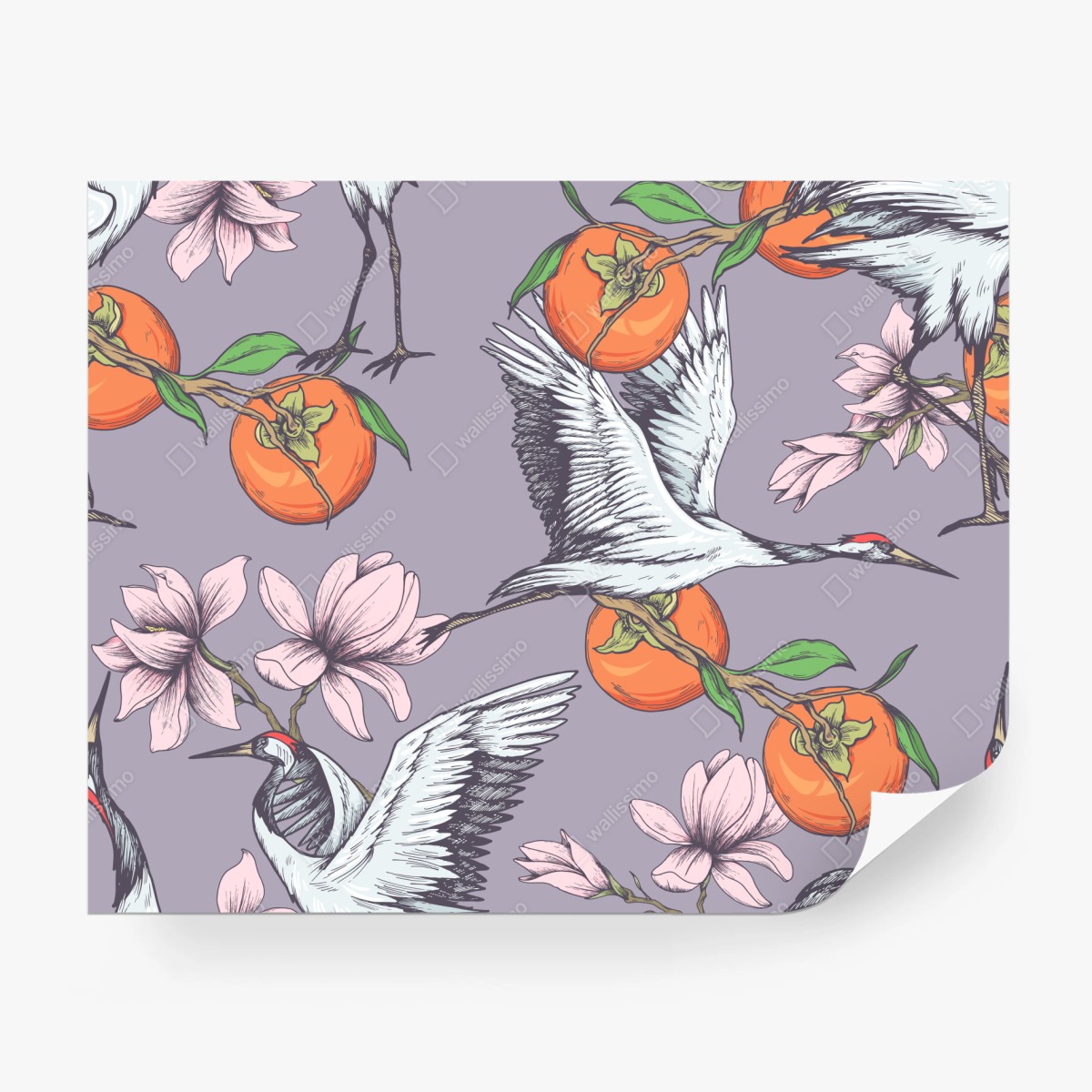 Fototapete anmutige kraniche und kakis mit magnolien – Wallnifity®