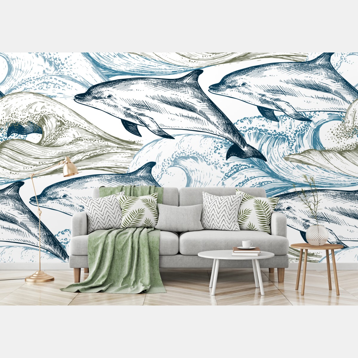 Fototapete vintage delfine ozeanillustration – Wallnifity®