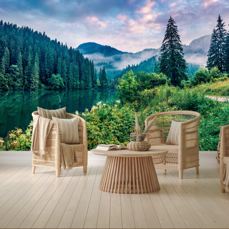 Fototapete nebliger sonnenaufgang über Lacu Rosu – Wallnifity®