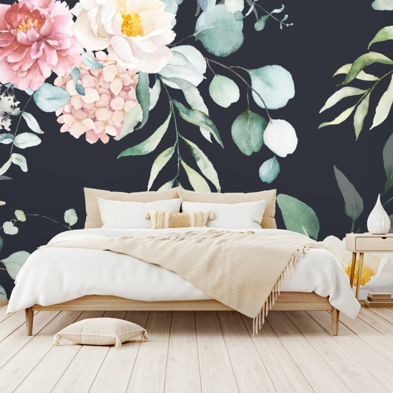 Fototapete elegantes aquarell-blumenmuster auf dunklem hintergrund – Wallnifity®