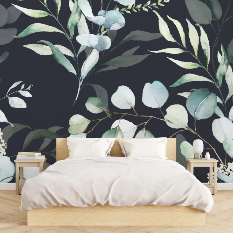 Fototapete eukalyptus aquarell botanisches muster auf dunklem hintergrund – Wallnifity®