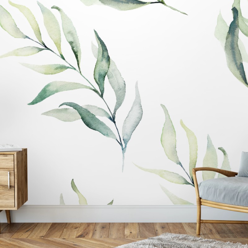 Fototapete sanftes aquarellmuster mit eukalyptusblättern – Wallnifity®