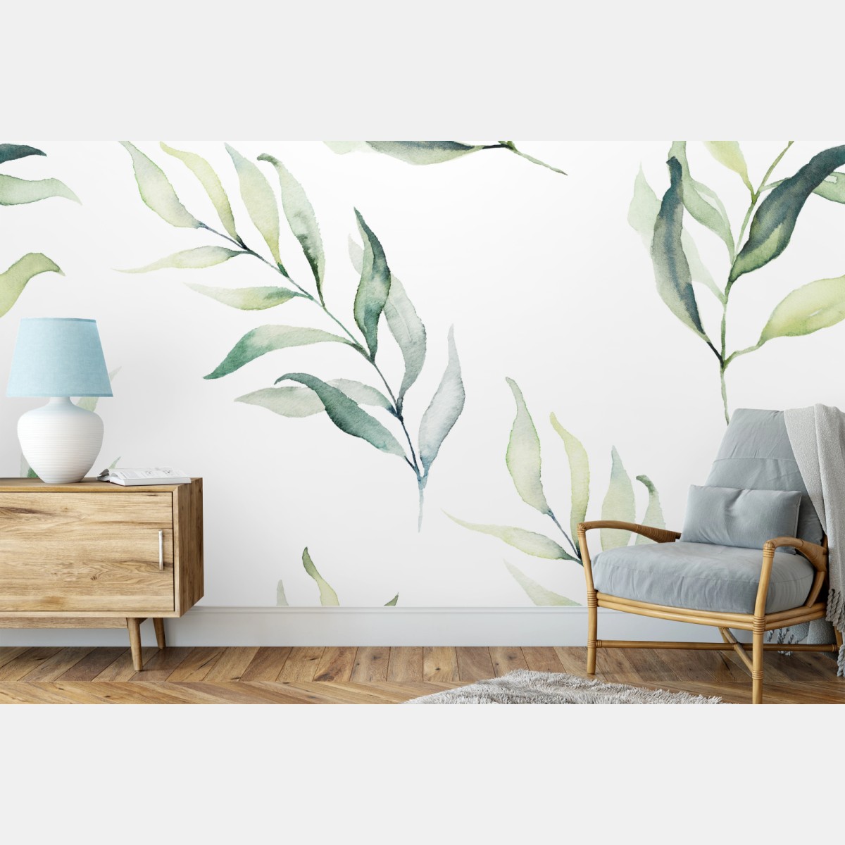 Fototapete sanftes aquarellmuster mit eukalyptusblättern – Wallnifity®