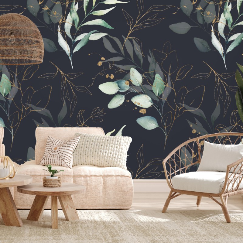 Fototapete aquarell eukalyptusblätter auf dunklem hintergrund – Wallnifity®