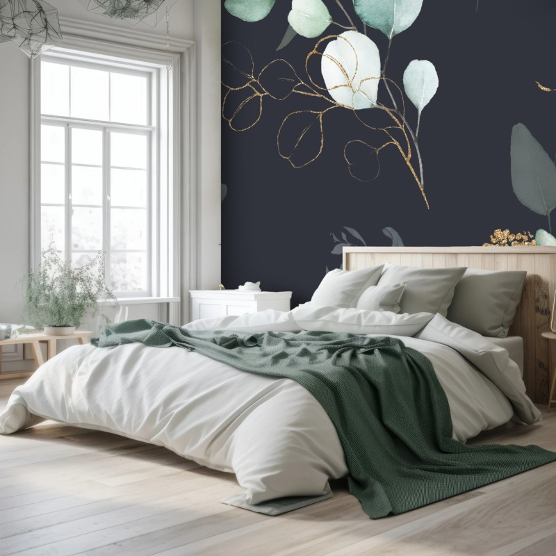 Fototapete eukalyptus aquarellblätter auf dunklem hintergrund – Wallnifity®