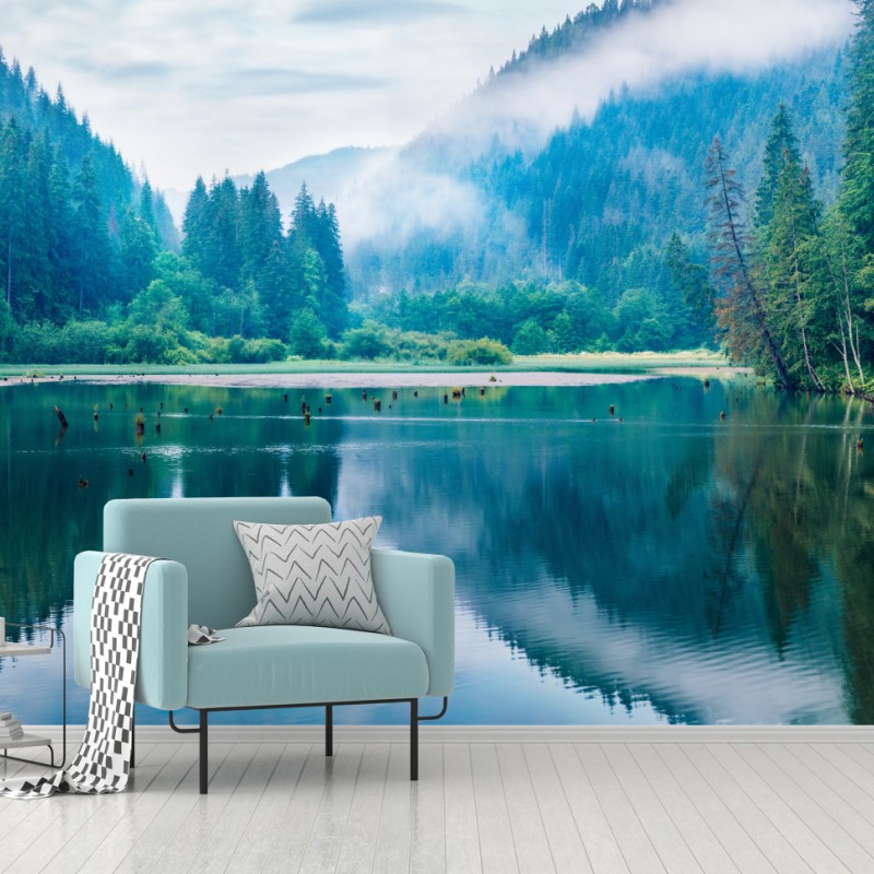 Fototapete nebliger morgen am see Lacu Rosu, Rumänien – Wallnifity®