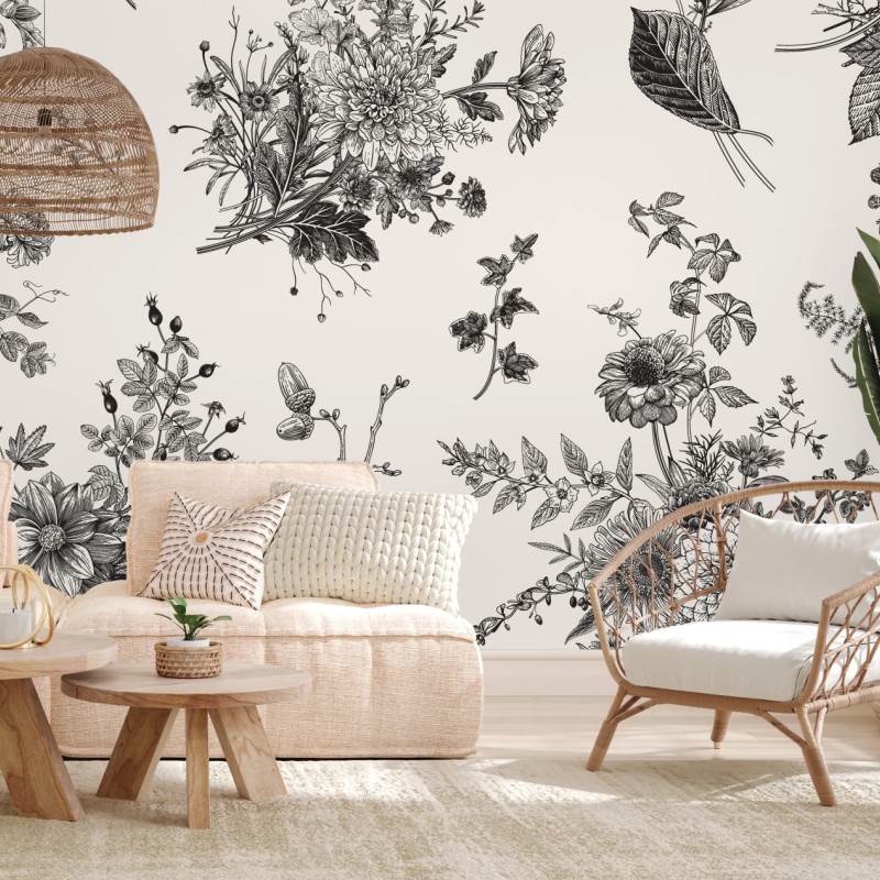 Fototapete klassisches schwarzweißes blumenmuster – Wallnifity®