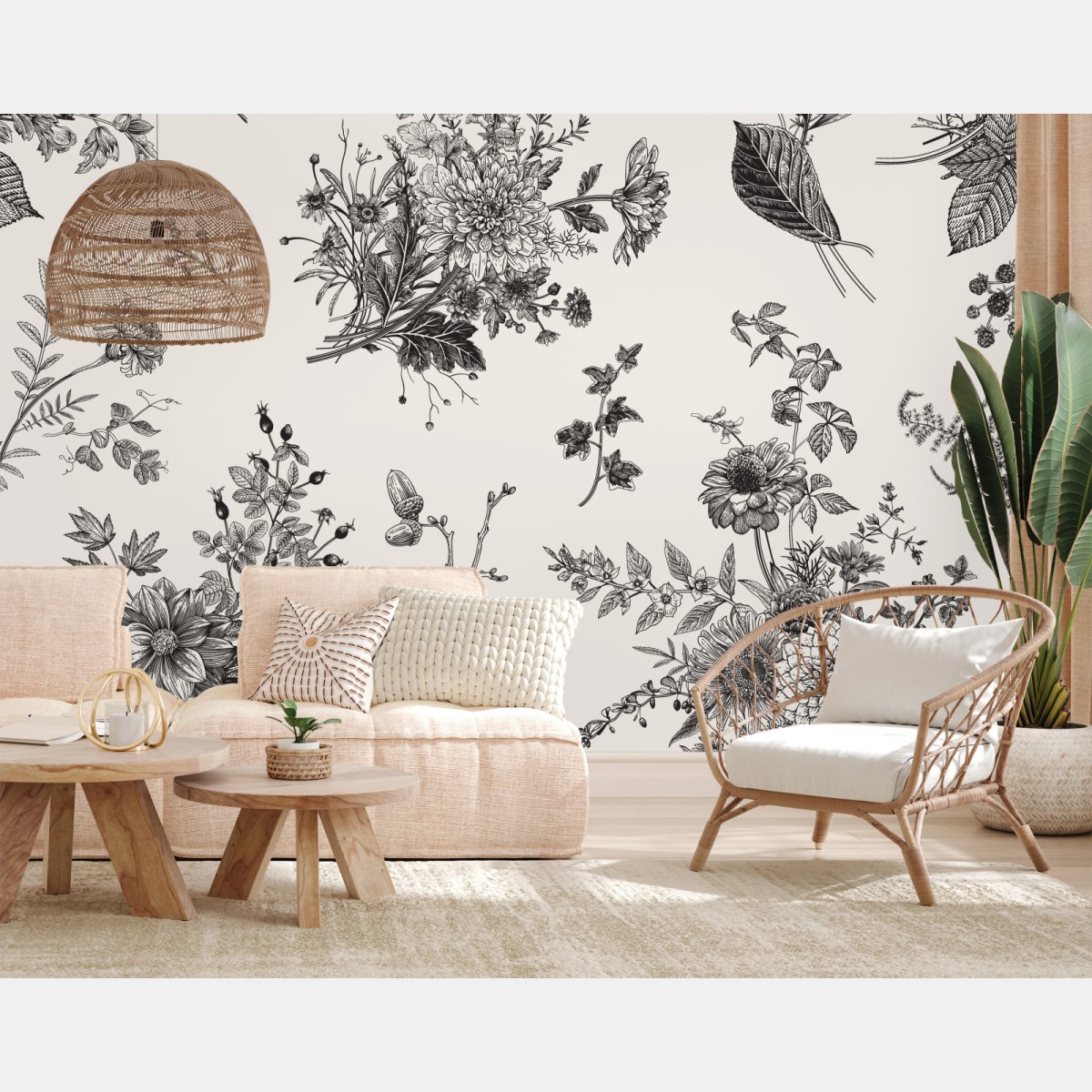 Fototapete klassisches schwarzweißes blumenmuster – Wallnifity®