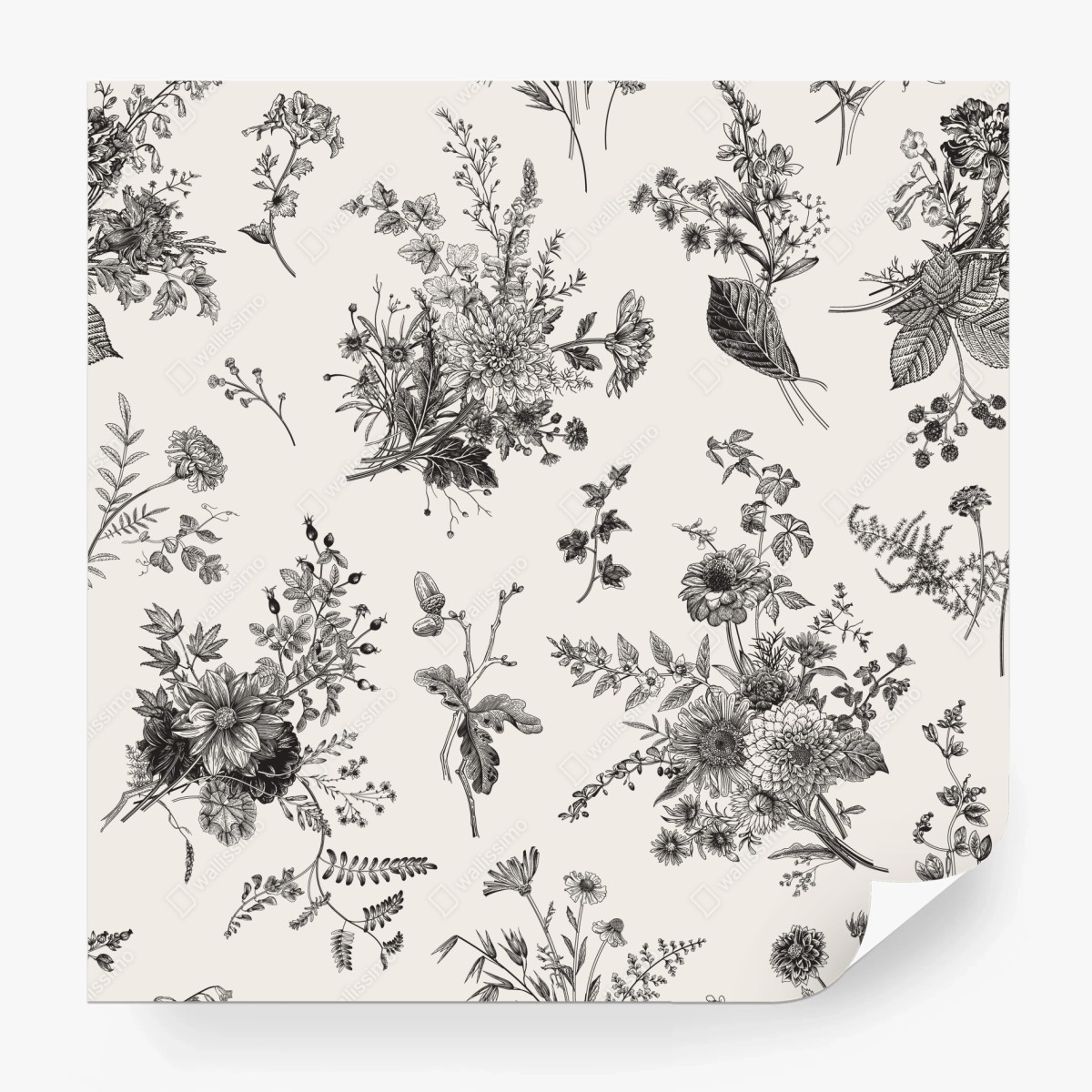Fototapete klassisches schwarzweißes blumenmuster – Wallnifity®