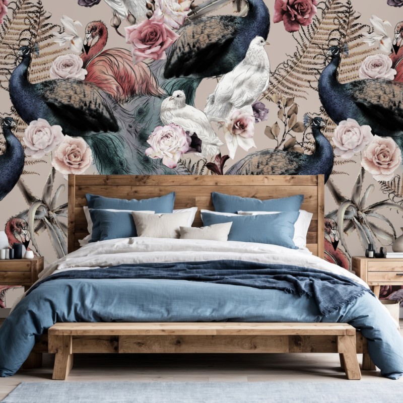 Fototapete aquarellmuster mit vögeln und rosen – Wallnifity®