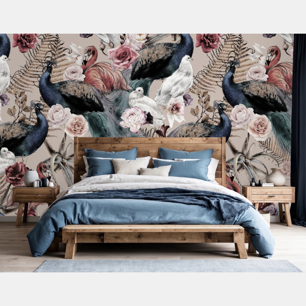 Fototapete aquarellmuster mit vögeln und rosen – Wallnifity®