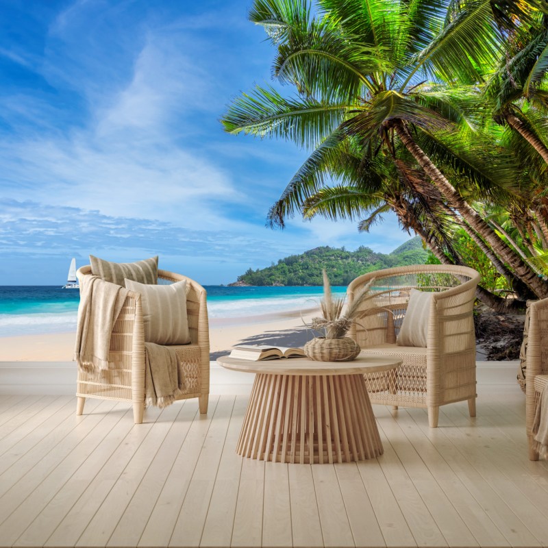 Fototapete tropischer strand mit palmen und segelboot – Wallnifity®