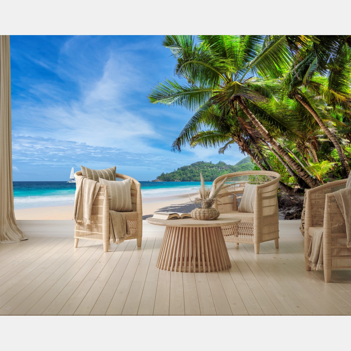 Fototapete tropischer strand mit palmen und segelboot – Wallnifity®