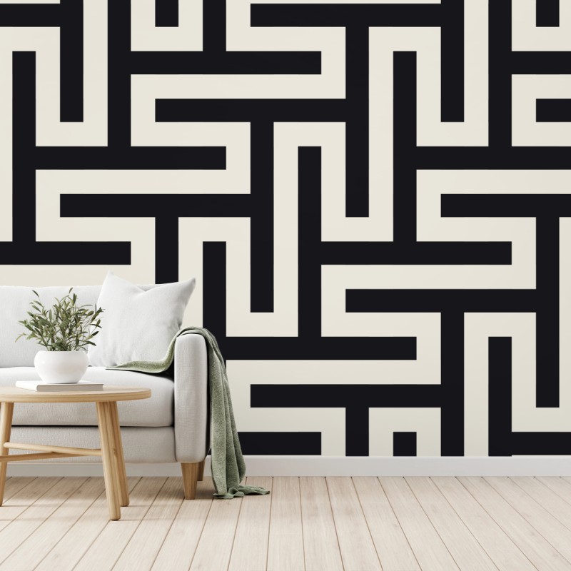 Fototapete geometrisches labyrinthmuster in beige und schwarz – Wallnifity®