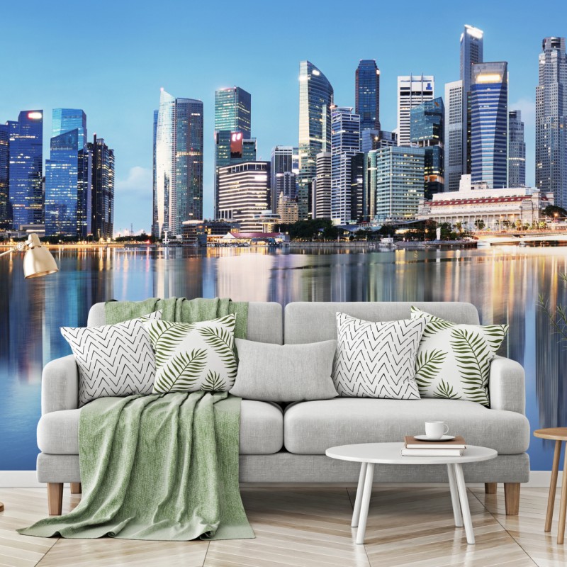 Fototapete moderne stadtskyline gespiegelt im wasser – Wallnifity®