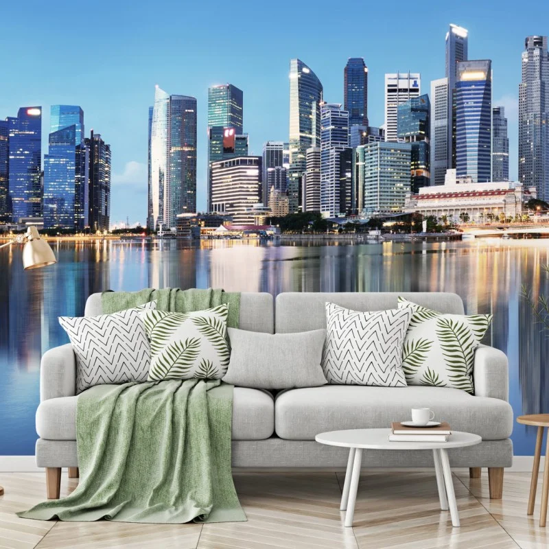 Fototapete moderne stadtskyline gespiegelt im wasser