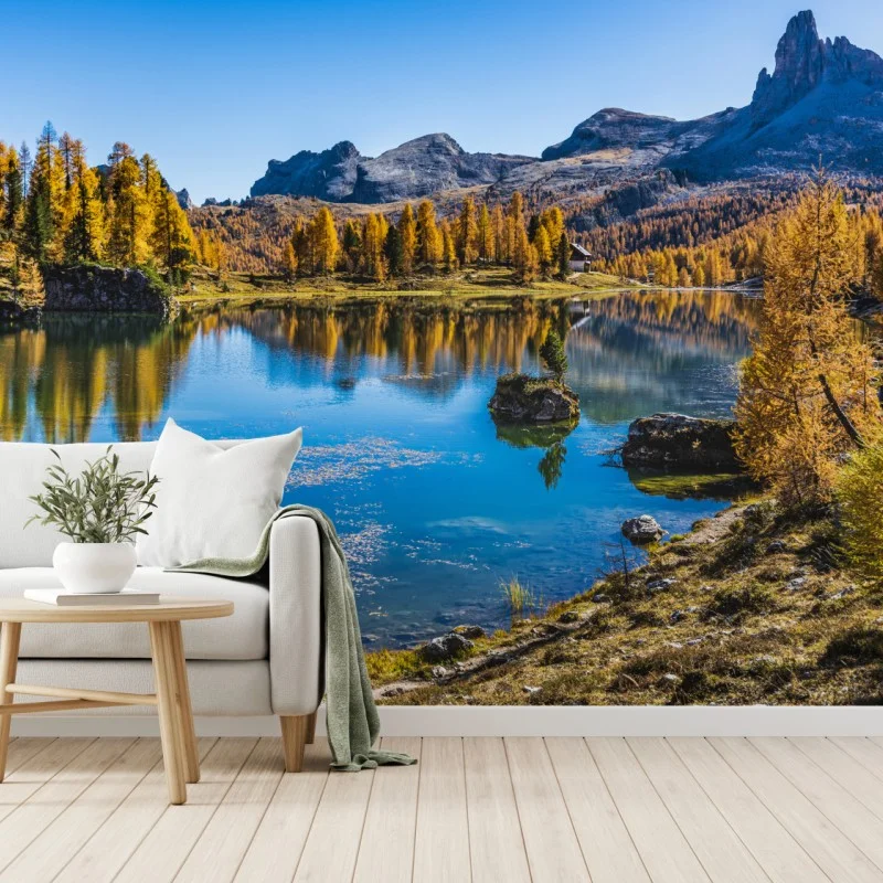 Fototapete herbstlicher alpensee mit bergreflexion