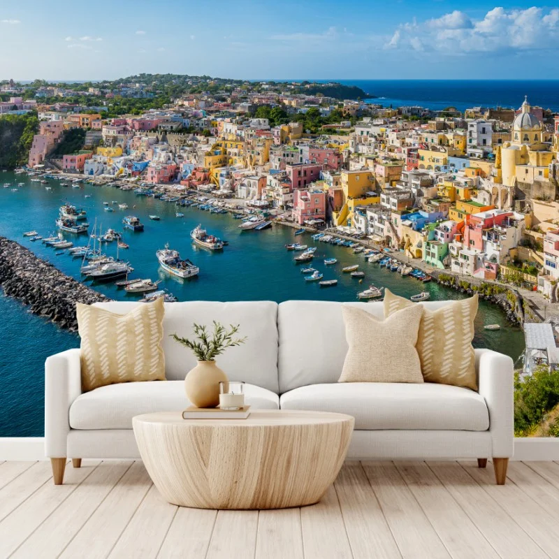 Fototapete bunte panoramaufnahme eines Mittelmeerhafens – Wallnifity®