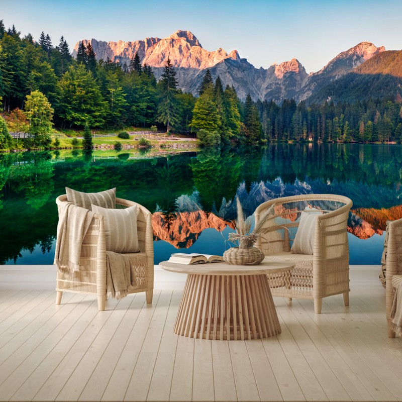 Fototapete ruhiger morgen am Fusine See, Julische Alpen – Wallnifity®