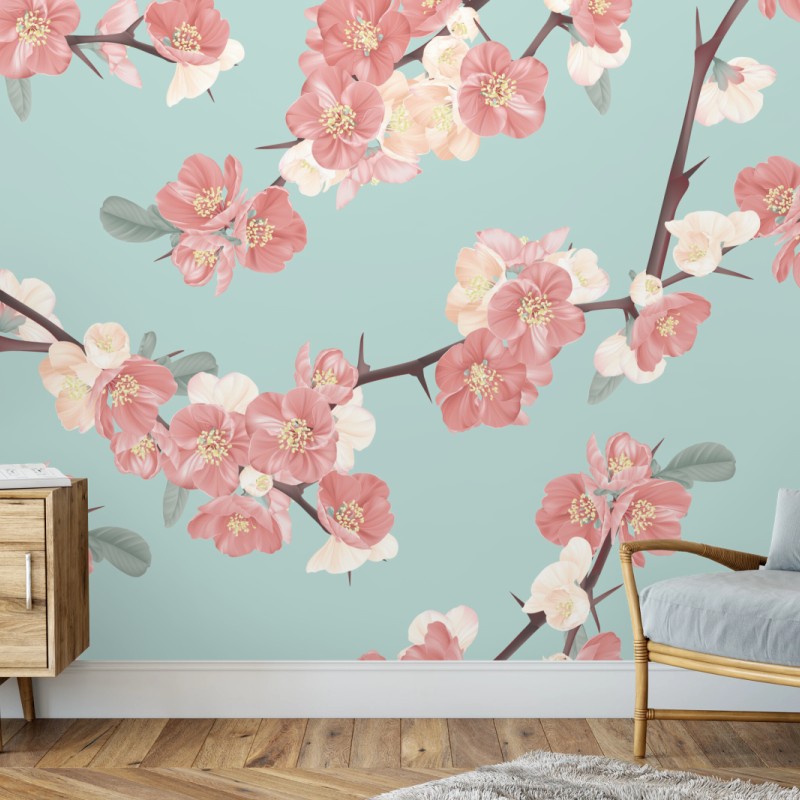Fototapete pastelliges kirschblütenmuster auf mintfarbenem hintergrund – Wallnifity®